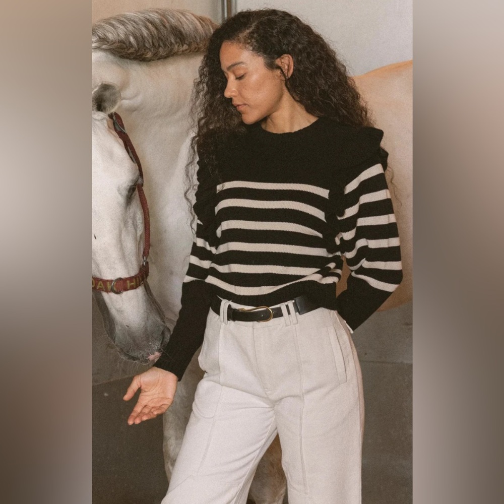 NEW CLEOBELLA Black and Ivory Striped BLAIR SWEATER by Sz S